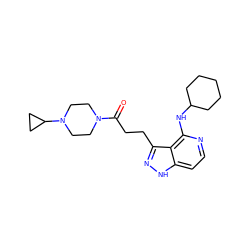 O=C(CCc1n[nH]c2ccnc(NC3CCCCC3)c12)N1CCN(C2CC2)CC1 ZINC000146713807