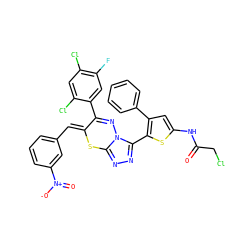 O=C(CCl)Nc1cc(-c2ccccc2)c(-c2nnc3n2N=C(c2cc(F)c(Cl)cc2Cl)/C(=C/c2cccc([N+](=O)[O-])c2)S3)s1 ZINC000028823795