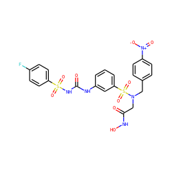 O=C(CN(Cc1ccc([N+](=O)[O-])cc1)S(=O)(=O)c1cccc(NC(=O)NS(=O)(=O)c2ccc(F)cc2)c1)NO ZINC000029549182