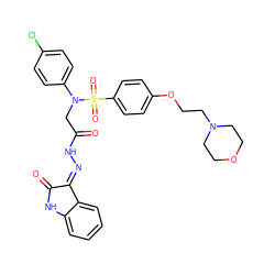 O=C(CN(c1ccc(Cl)cc1)S(=O)(=O)c1ccc(OCCN2CCOCC2)cc1)N/N=C1\C(=O)Nc2ccccc21 ZINC000003973569