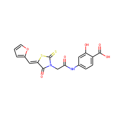 O=C(CN1C(=O)/C(=C/c2ccco2)SC1=S)Nc1ccc(C(=O)O)c(O)c1 ZINC000005348994