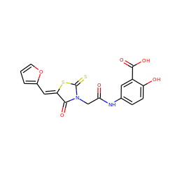 O=C(CN1C(=O)/C(=C/c2ccco2)SC1=S)Nc1ccc(O)c(C(=O)O)c1 ZINC000005348669