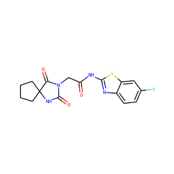O=C(CN1C(=O)NC2(CCCC2)C1=O)Nc1nc2ccc(F)cc2s1 ZINC000014093257
