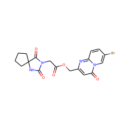 O=C(CN1C(=O)NC2(CCCC2)C1=O)OCc1cc(=O)n2cc(Br)ccc2n1 ZINC000003374366