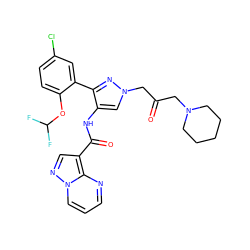 O=C(CN1CCCCC1)Cn1cc(NC(=O)c2cnn3cccnc23)c(-c2cc(Cl)ccc2OC(F)F)n1 ZINC001772653288