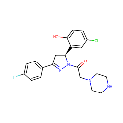 O=C(CN1CCNCC1)N1N=C(c2ccc(F)cc2)C[C@H]1c1cc(Cl)ccc1O ZINC000299863668