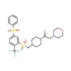 O=C(CN1CCOCC1)N1CCC(NS(=O)(=O)c2cc(S(=O)(=O)c3ccccc3)ccc2C(F)(F)F)CC1 ZINC000042891049