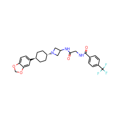 O=C(CNC(=O)c1ccc(C(F)(F)F)cc1)NC1CN([C@H]2CC[C@H](c3ccc4c(c3)OCO4)CC2)C1 ZINC000261191713