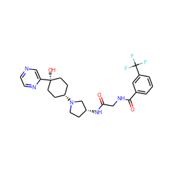 O=C(CNC(=O)c1cccc(C(F)(F)F)c1)N[C@@H]1CCN([C@H]2CC[C@](O)(c3cnccn3)CC2)C1 ZINC000102947247