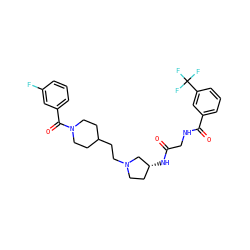 O=C(CNC(=O)c1cccc(C(F)(F)F)c1)N[C@@H]1CCN(CCC2CCN(C(=O)c3cccc(F)c3)CC2)C1 ZINC000049781405