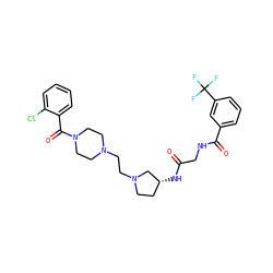 O=C(CNC(=O)c1cccc(C(F)(F)F)c1)N[C@@H]1CCN(CCN2CCN(C(=O)c3ccccc3Cl)CC2)C1 ZINC000049781058