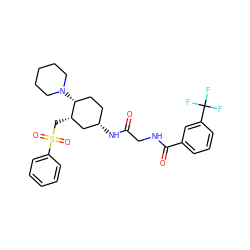 O=C(CNC(=O)c1cccc(C(F)(F)F)c1)N[C@H]1CC[C@@H](N2CCCCC2)[C@@H](CS(=O)(=O)c2ccccc2)C1 ZINC000082150503