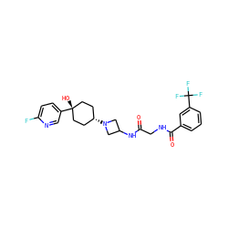 O=C(CNC(=O)c1cccc(C(F)(F)F)c1)NC1CN([C@H]2CC[C@@](O)(c3ccc(F)nc3)CC2)C1 ZINC000261112103