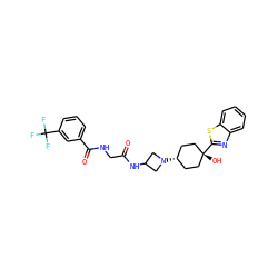 O=C(CNC(=O)c1cccc(C(F)(F)F)c1)NC1CN([C@H]2CC[C@@](O)(c3nc4ccccc4s3)CC2)C1 ZINC000261125686