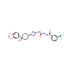 O=C(CNC(=O)c1cccc(C(F)(F)F)c1)NC1CN([C@H]2CC[C@](O)(c3ccc4c(c3)OCO4)CC2)C1 ZINC000253734086