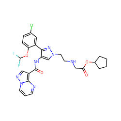 O=C(CNCCn1cc(NC(=O)c2cnn3cccnc23)c(-c2cc(Cl)ccc2OC(F)F)n1)OC1CCCC1 ZINC001772570221