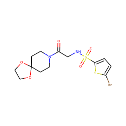 O=C(CNS(=O)(=O)c1ccc(Br)s1)N1CCC2(CC1)OCCO2 ZINC000004102052