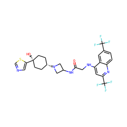 O=C(CNc1cc(C(F)(F)F)nc2ccc(C(F)(F)F)cc12)NC1CN([C@H]2CC[C@](O)(c3cncs3)CC2)C1 ZINC000149196197