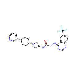 O=C(CNc1ncnc2ccc(C(F)(F)F)cc12)NC1CN([C@H]2CC[C@@H](c3cccnc3)CC2)C1 ZINC000261156409