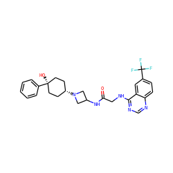 O=C(CNc1ncnc2ccc(C(F)(F)F)cc12)NC1CN([C@H]2CC[C@](O)(c3ccccc3)CC2)C1 ZINC000149086222