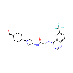 O=C(CNc1ncnc2ccc(C(F)(F)F)cc12)NC1CN([C@H]2CC[C@H](CO)CC2)C1 ZINC000149172862