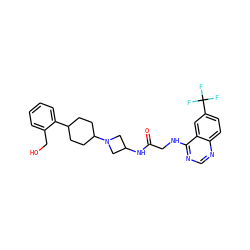 O=C(CNc1ncnc2ccc(C(F)(F)F)cc12)NC1CN(C2CCC(c3ccccc3CO)CC2)C1 ZINC000149143699