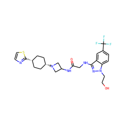 O=C(CNc1nn(CCO)c2ccc(C(F)(F)F)cc12)NC1CN([C@H]2CC[C@@H](c3nccs3)CC2)C1 ZINC000261176621