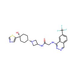 O=C(CNc1nncc2ccc(C(F)(F)F)cc12)NC1CN([C@H]2CC[C@](O)(c3cncs3)CC2)C1 ZINC000149109105