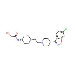 O=C(CO)N[C@H]1CC[C@H](CCN2CCC(c3noc4cc(Cl)ccc34)CC2)CC1 ZINC001772613010