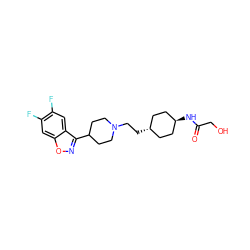O=C(CO)N[C@H]1CC[C@H](CCN2CCC(c3noc4cc(F)c(F)cc34)CC2)CC1 ZINC001772613718