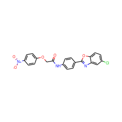 O=C(COc1ccc([N+](=O)[O-])cc1)Nc1ccc(-c2nc3cc(Cl)ccc3o2)cc1 ZINC000045358164