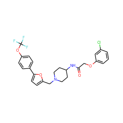 O=C(COc1cccc(Cl)c1)NC1CCN(Cc2ccc(-c3ccc(OC(F)(F)F)cc3)o2)CC1 ZINC000040401218