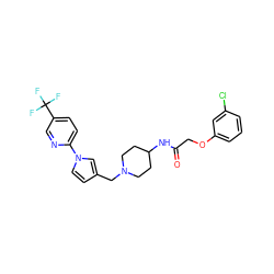 O=C(COc1cccc(Cl)c1)NC1CCN(Cc2ccn(-c3ccc(C(F)(F)F)cn3)c2)CC1 ZINC000035802620
