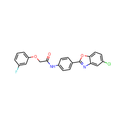 O=C(COc1cccc(F)c1)Nc1ccc(-c2nc3cc(Cl)ccc3o2)cc1 ZINC000035328334