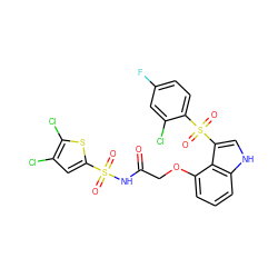 O=C(COc1cccc2[nH]cc(S(=O)(=O)c3ccc(F)cc3Cl)c12)NS(=O)(=O)c1cc(Cl)c(Cl)s1 ZINC000044406773