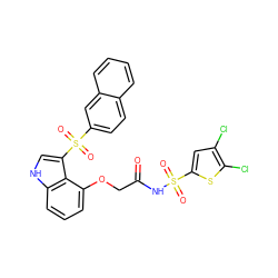 O=C(COc1cccc2[nH]cc(S(=O)(=O)c3ccc4ccccc4c3)c12)NS(=O)(=O)c1cc(Cl)c(Cl)s1 ZINC000049867187