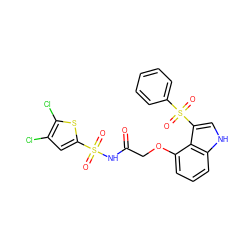 O=C(COc1cccc2[nH]cc(S(=O)(=O)c3ccccc3)c12)NS(=O)(=O)c1cc(Cl)c(Cl)s1 ZINC000044404683