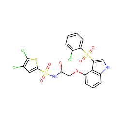 O=C(COc1cccc2[nH]cc(S(=O)(=O)c3ccccc3Cl)c12)NS(=O)(=O)c1cc(Cl)c(Cl)s1 ZINC000044406777