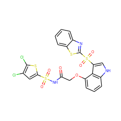 O=C(COc1cccc2[nH]cc(S(=O)(=O)c3nc4ccccc4s3)c12)NS(=O)(=O)c1cc(Cl)c(Cl)s1 ZINC000042852599