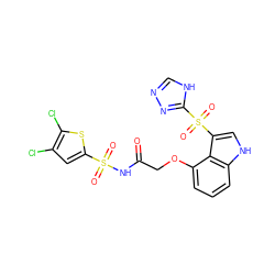 O=C(COc1cccc2[nH]cc(S(=O)(=O)c3nnc[nH]3)c12)NS(=O)(=O)c1cc(Cl)c(Cl)s1 ZINC000049872055