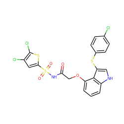 O=C(COc1cccc2[nH]cc(Sc3ccc(Cl)cc3)c12)NS(=O)(=O)c1cc(Cl)c(Cl)s1 ZINC000044430914