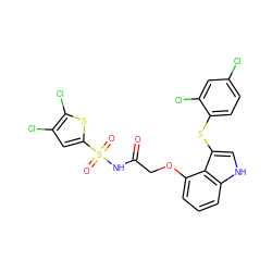 O=C(COc1cccc2[nH]cc(Sc3ccc(Cl)cc3Cl)c12)NS(=O)(=O)c1cc(Cl)c(Cl)s1 ZINC000044404880