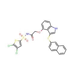 O=C(COc1cccc2[nH]cc(Sc3ccc4ccccc4c3)c12)NS(=O)(=O)c1cc(Cl)c(Cl)s1 ZINC000044405128