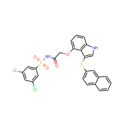 O=C(COc1cccc2[nH]cc(Sc3ccc4ccccc4c3)c12)NS(=O)(=O)c1cc(Cl)cc(Cl)c1 ZINC000049867623