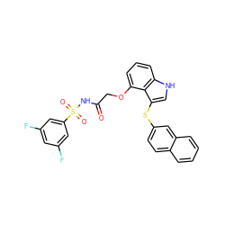 O=C(COc1cccc2[nH]cc(Sc3ccc4ccccc4c3)c12)NS(=O)(=O)c1cc(F)cc(F)c1 ZINC000049867214