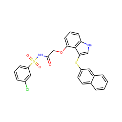 O=C(COc1cccc2[nH]cc(Sc3ccc4ccccc4c3)c12)NS(=O)(=O)c1cccc(Cl)c1 ZINC000044405124