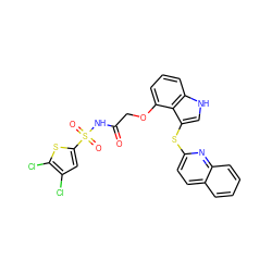 O=C(COc1cccc2[nH]cc(Sc3ccc4ccccc4n3)c12)NS(=O)(=O)c1cc(Cl)c(Cl)s1 ZINC000042888296