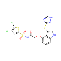 O=C(COc1cccc2[nH]cc(Sc3nc[nH]n3)c12)NS(=O)(=O)c1cc(Cl)c(Cl)s1 ZINC000040919071