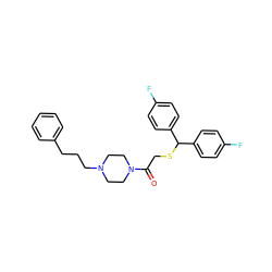 O=C(CSC(c1ccc(F)cc1)c1ccc(F)cc1)N1CCN(CCCc2ccccc2)CC1 ZINC001772600750