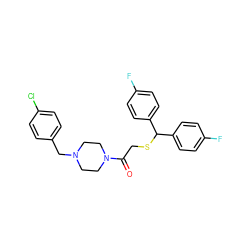 O=C(CSC(c1ccc(F)cc1)c1ccc(F)cc1)N1CCN(Cc2ccc(Cl)cc2)CC1 ZINC001772599511